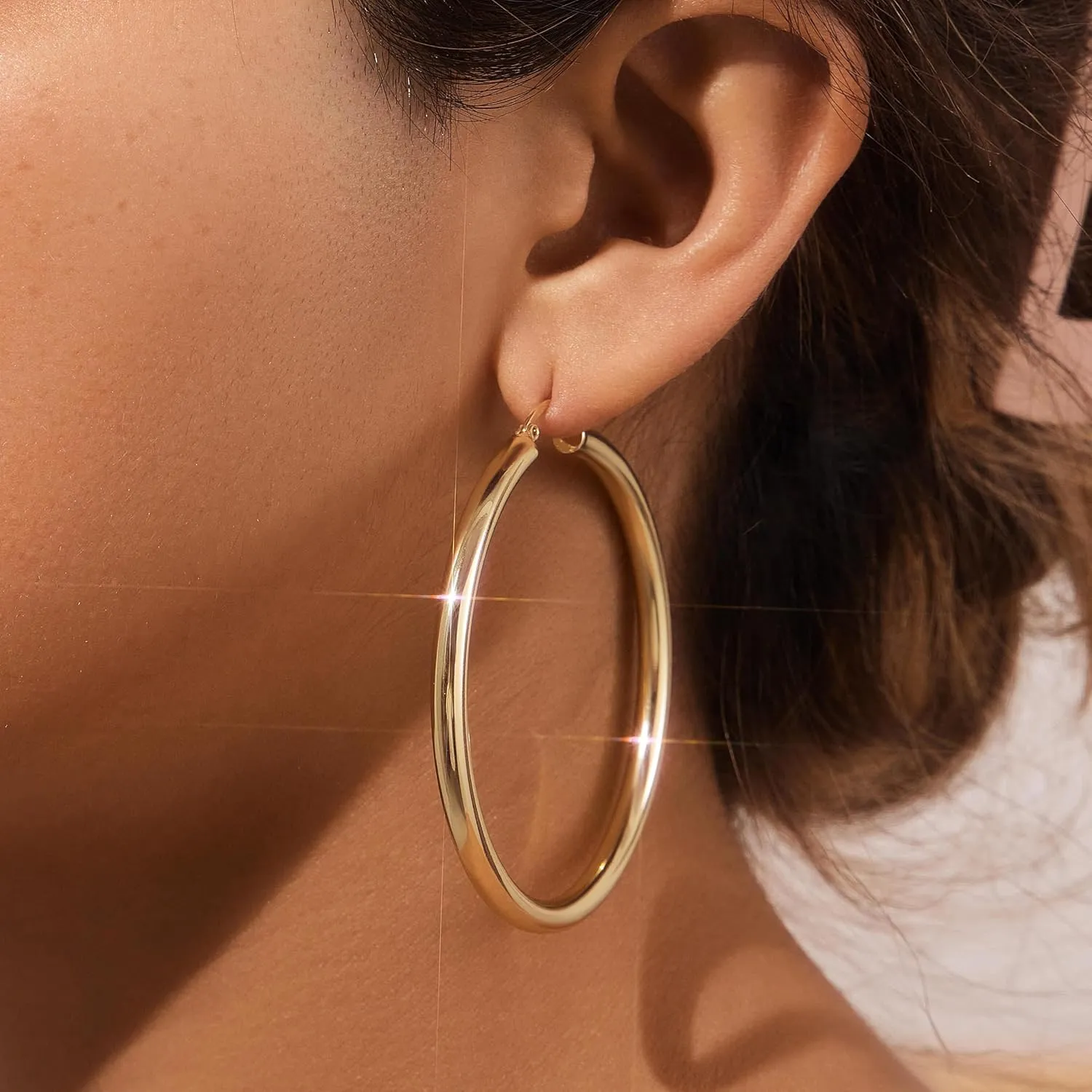 4 MM Thick Chunky Gold Hoop Earrings for Women Trendy, 14K Real Gold Plated Small Large Big Hoops, Hypoallergenic Lightweight Hollow Tube Hoop Jewelry 20/30/40/50/60 MM