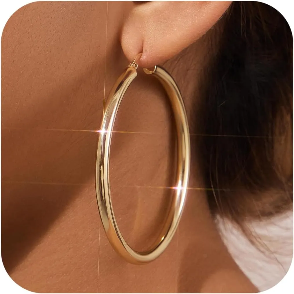 4 MM Thick Chunky Gold Hoop Earrings for Women Trendy, 14K Real Gold Plated Small Large Big Hoops, Hypoallergenic Lightweight Hollow Tube Hoop Jewelry 20/30/40/50/60 MM