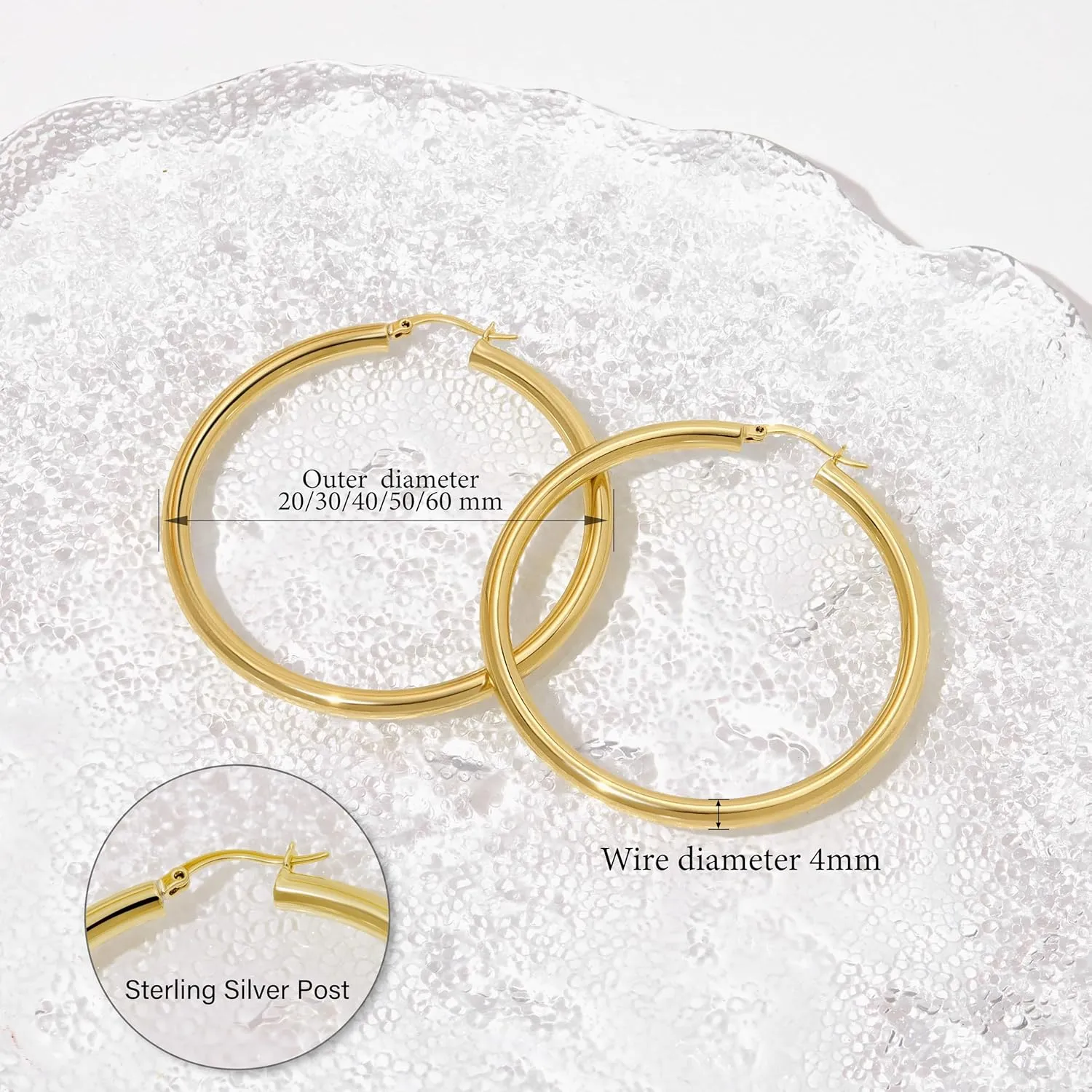 4 MM Thick Chunky Gold Hoop Earrings for Women Trendy, 14K Real Gold Plated Small Large Big Hoops, Hypoallergenic Lightweight Hollow Tube Hoop Jewelry 20/30/40/50/60 MM