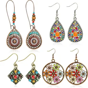 4 Pairs Bohemian Vintage Dangle Earrings Retro Rhinestone Earrings Boho Dangle Drop Earrings for Women Girls Jewelry Accessories (Bohemian style)
