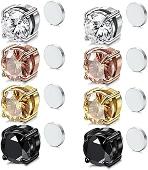 4 Pairs Cz Magnetic Earrings for Men Hypoallergenic Stud Earrings Multicolor Zirconia Earrings Set for Fashion Hip Hop Men Jewelry