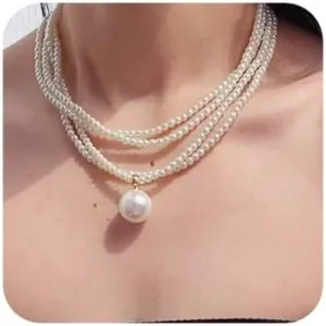 4 Tier Women Bridal Vintage Sexy Layered Tassels Imitation Pearl Shiny Choker Necklace Fashion Multilayer Beads Simple Necklaces for Women