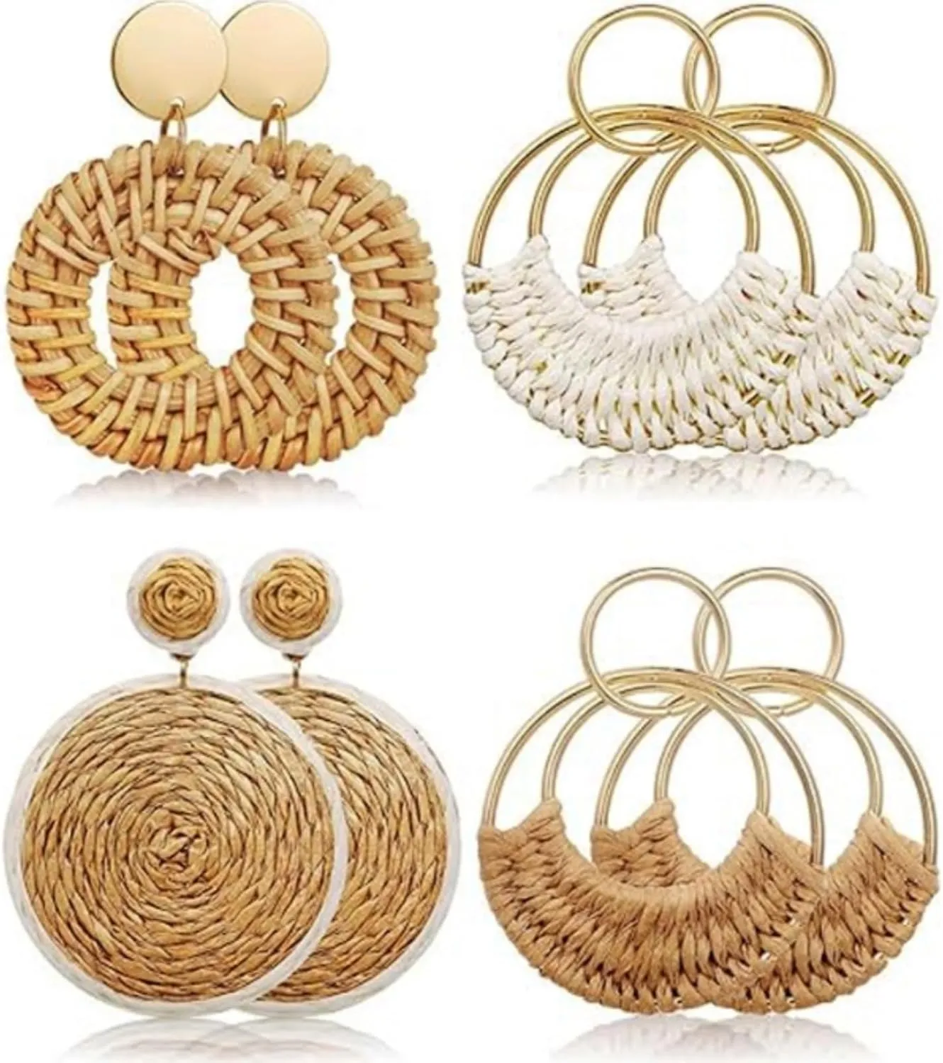 4 Women's Vintage Handmade Braided Rattan Raffia Earrings Dangles, Bohemian Style Earrings, For Women's Summer Beach Party, (Beige, Khaki)