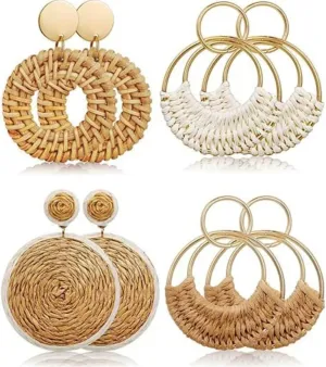 4 Women's Vintage Handmade Braided Rattan Raffia Earrings Dangles, Bohemian Style Earrings, For Women's Summer Beach Party, (Beige, Khaki)