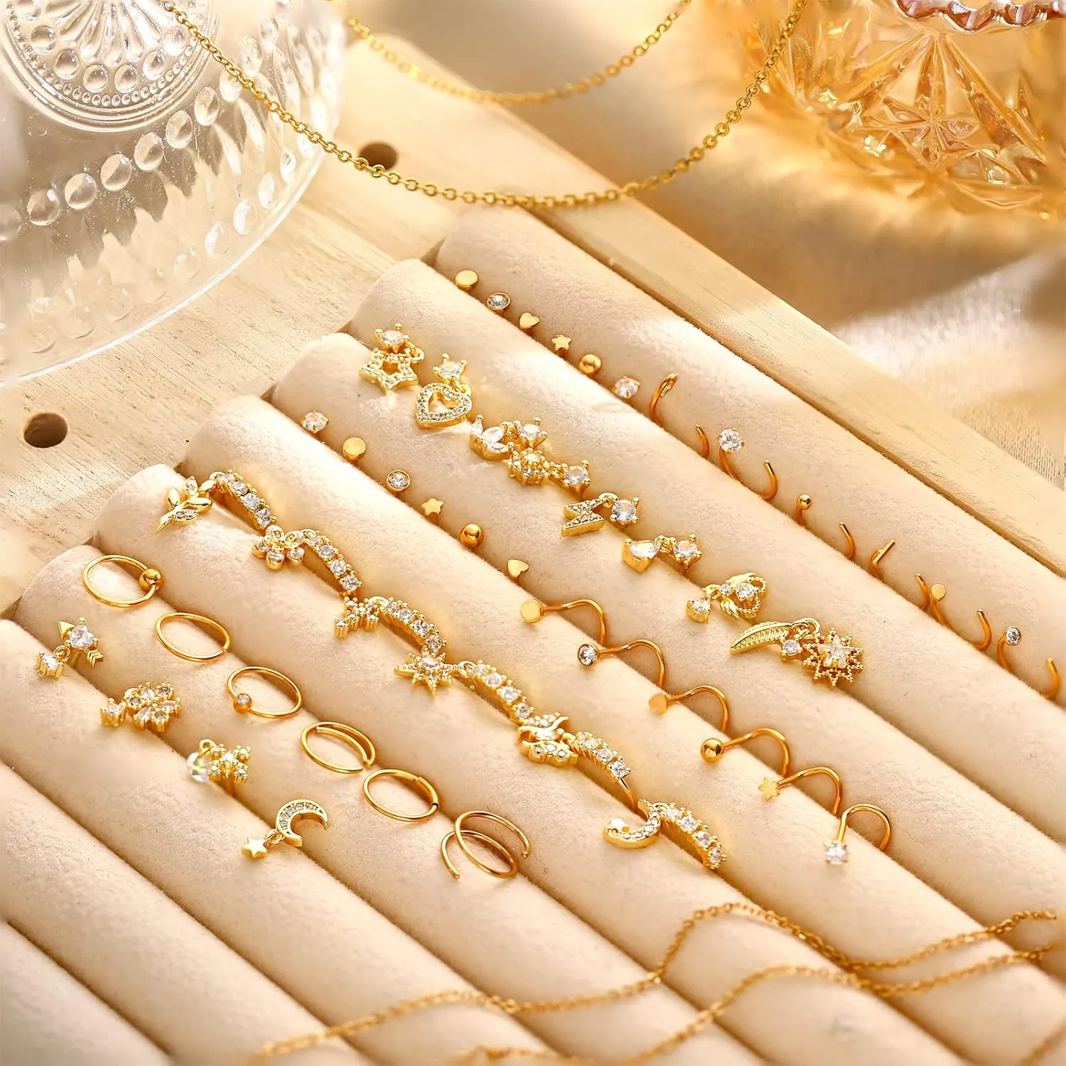 48 Pcs Dangle Nose Rings for Women Nose Piercings Jewelry Studs Hoops with Charm Stainless Steel Indian Nostril Rings for Women