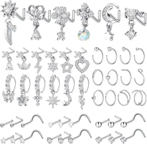 48 Pcs Dangle Nose Rings for Women Nose Piercings Jewelry Studs Hoops with Charm Stainless Steel Indian Nostril Rings for Women