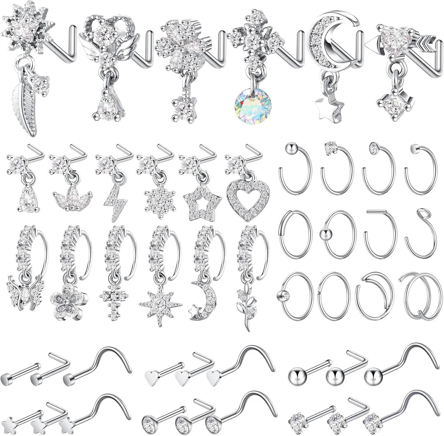 48 Pcs Dangle Nose Rings for Women Nose Piercings Jewelry Studs Hoops with Charm Stainless Steel Indian Nostril Rings for Women