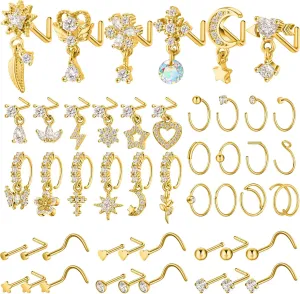 48 Pcs Dangle Nose Rings for Women Nose Piercings Jewelry Studs Hoops with Charm Stainless Steel Indian Nostril Rings for Women