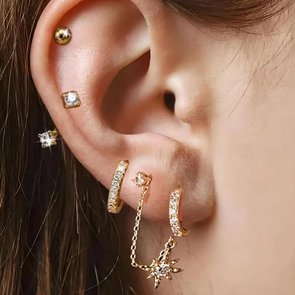 4Pairs 14K Gold Diamond Hoop Earrings for Multiple Piercing Hypoallergenic Earrings Set Ear Jacket Flat Back Stud Earring Stacks