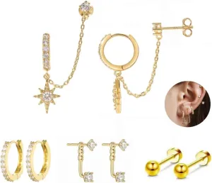 4Pairs 14K Gold Diamond Hoop Earrings for Multiple Piercing Hypoallergenic Earrings Set Ear Jacket Flat Back Stud Earring Stacks