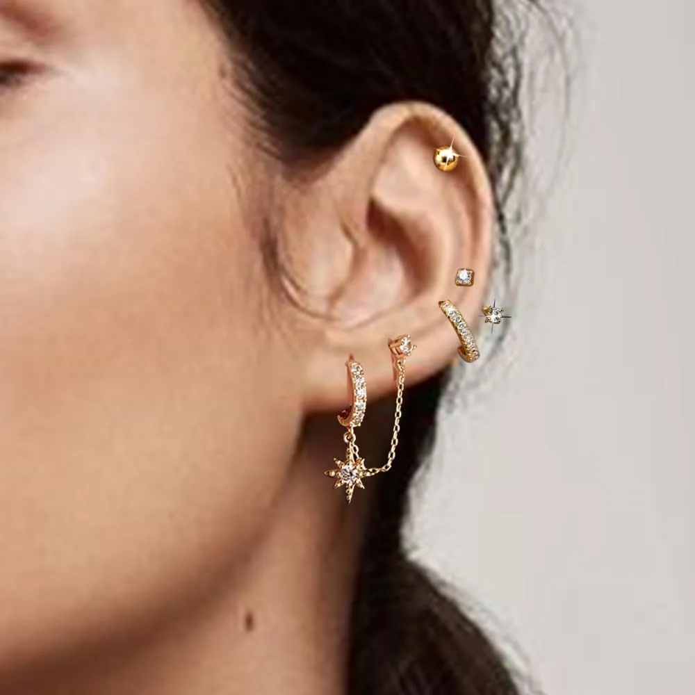 4Pairs 14K Gold Diamond Hoop Earrings for Multiple Piercing Hypoallergenic Earrings Set Ear Jacket Flat Back Stud Earring Stacks