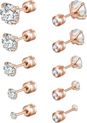 5 Pairs Stud Earrings Colorful Cubic Zirconia Stainless Steel Stud Earring Hypoallergenic Screw Back Earrings Double Side Piercing Earrings Gifts for Women Mother's Day