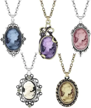5 Pieces Lot Lady Queen Cameo Necklace Set For Women Color Design Assorted Victoria Pendant Blue White Purple Pink Brown Cameo Bead Vintage Look Fashion Jewelry