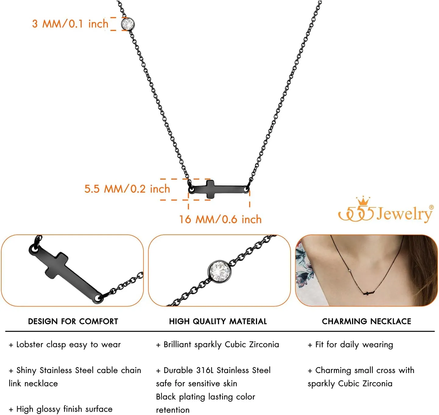 555Jewelry Stainless Steel Sideways Cross Necklace for Women, 18-20 Chain