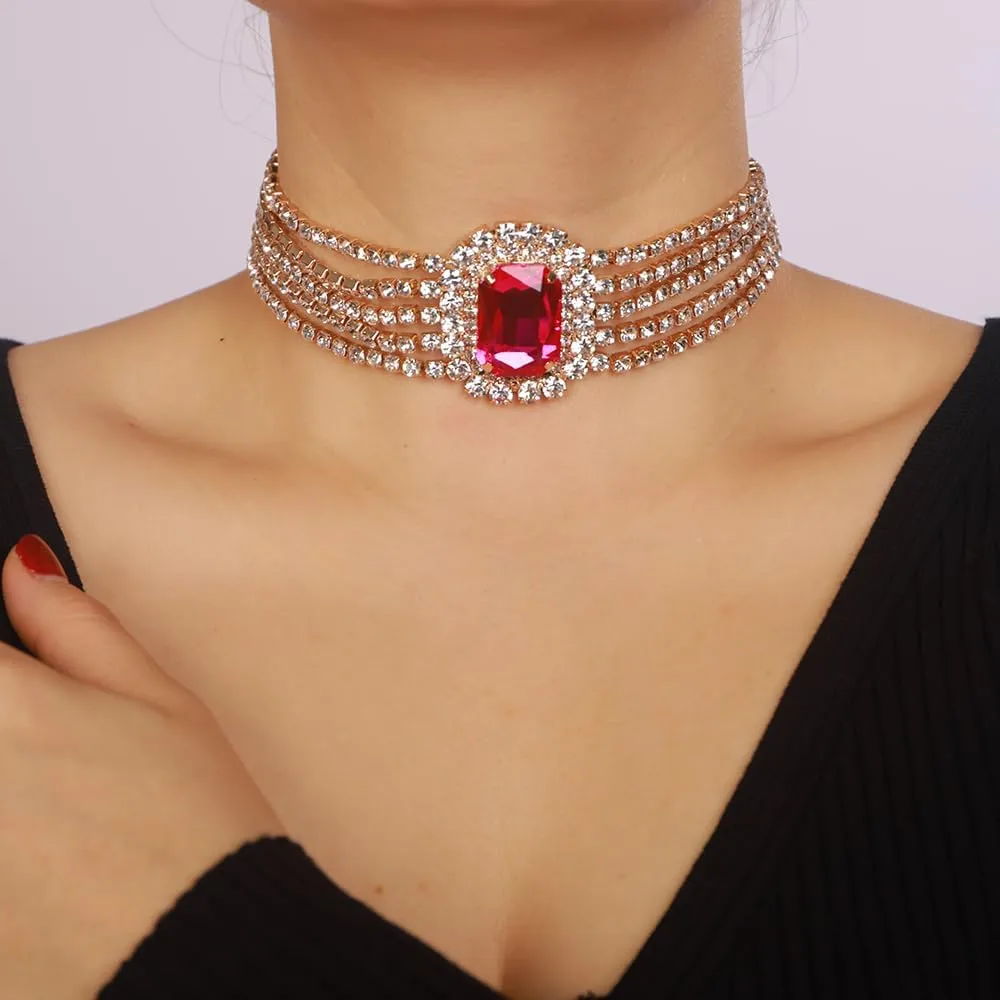 5Tier Boho Fashion Prom Shinny Full Rhinestones Circle Choker Necklace Dainty Layered Sexy Body Chain Choker Necklace Dainty Green Blue Silver Halloween Christmas Necklace Jewelry Gift for Women