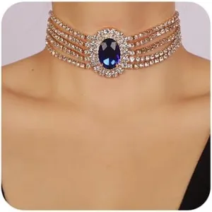 5Tier Boho Fashion Prom Shinny Rhinestones Circle Choker Necklace Dainty Layered Sexy Body Chain Choker Necklace Dainty Green Blue Silver Halloween Christmas Necklace Jewelry Gift for Women