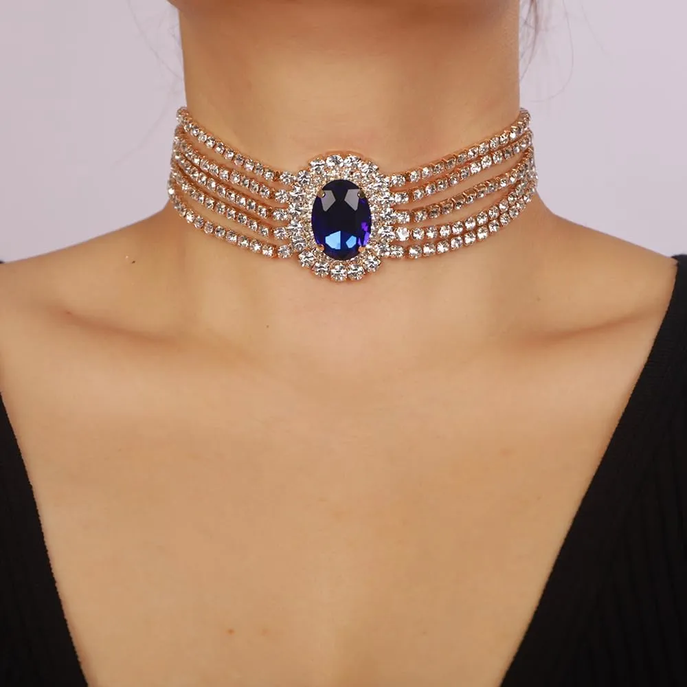 5Tier Boho Fashion Prom Shinny Rhinestones Circle Choker Necklace Dainty Layered Sexy Body Chain Choker Necklace Dainty Green Blue Silver Halloween Christmas Necklace Jewelry Gift for Women
