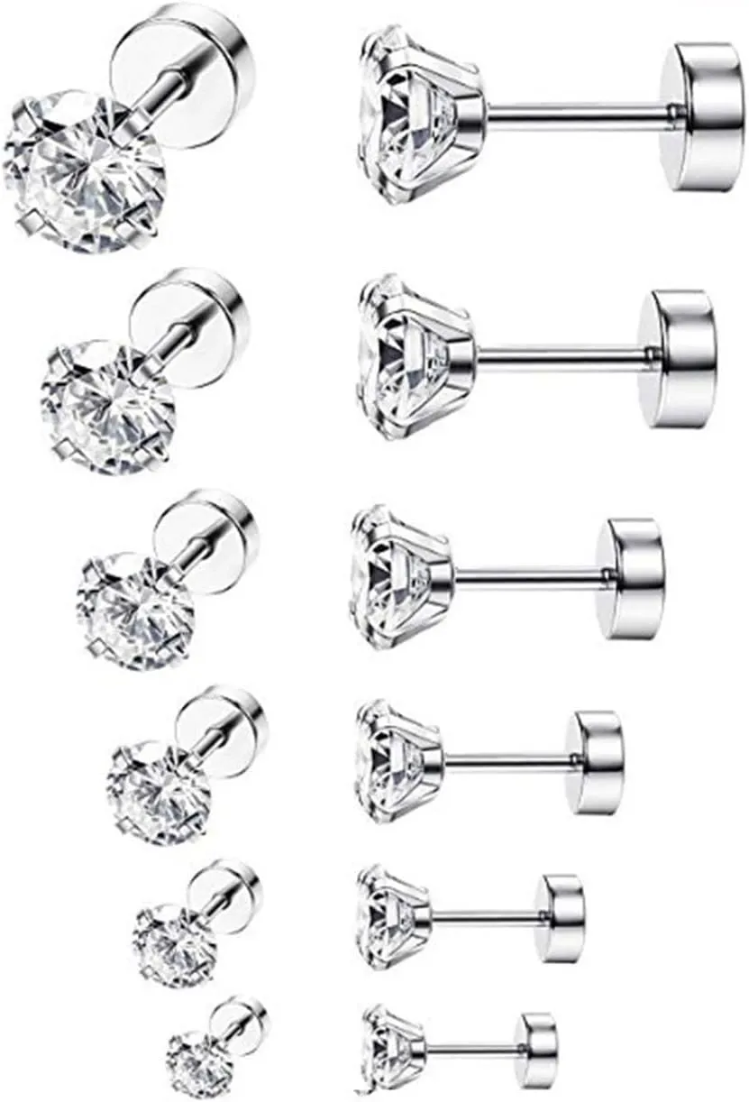 6 Pairs Stud Earrings Set Cubic Zirconia Stud Flat Back Earrings for Women Cartilage Earring Helix Piercing Jewelry Small Stud Earrings for Women