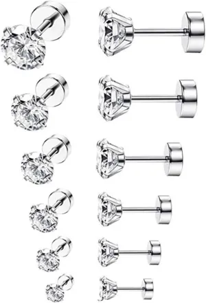 6 Pairs Stud Earrings Set Cubic Zirconia Stud Flat Back Earrings for Women Cartilage Earring Helix Piercing Jewelry Small Stud Earrings for Women