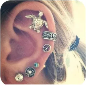 6Pcs Vintage Boho Stud Earrings Set Silver Bohemian Earrings Ear Cuffs Wrap Earrings Turtle Anchor Hiphop Punk Native American Day Jewelry Gift for Women