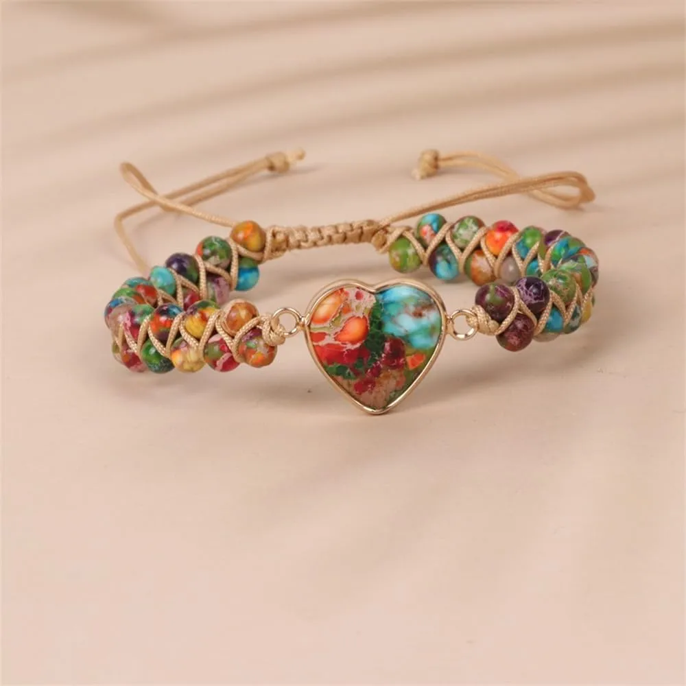 7 Chakra Healing Natural Stone Heart Wrap Bracelet for Women Girls Colorful Emperor Beaded Health Balance Love Heart Friendship Boho Strands Bracelets Handmade Genuine Leather Trendy Jewelry Bff Girlfriend Gifts