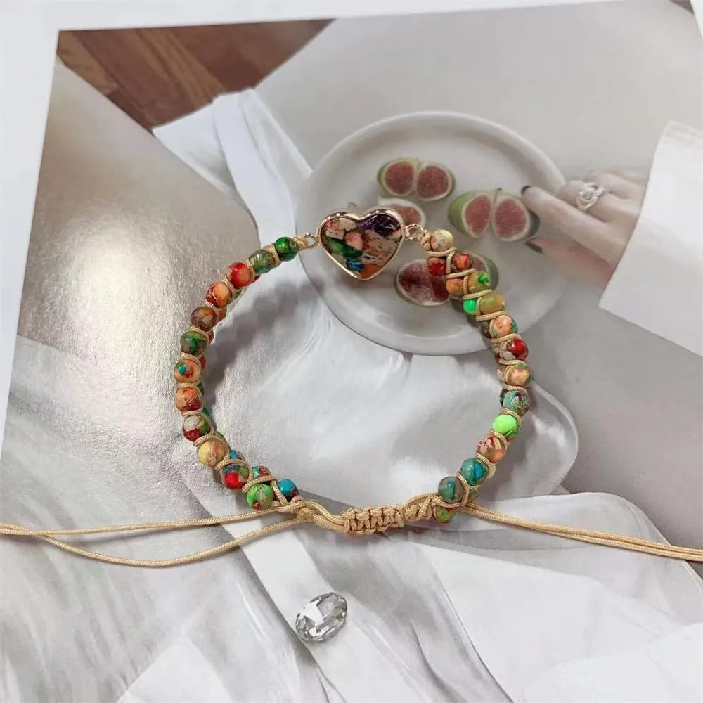 7 Chakra Healing Natural Stone Heart Wrap Bracelet for Women Girls Colorful Emperor Beaded Health Balance Love Heart Friendship Boho Strands Bracelets Handmade Genuine Leather Trendy Jewelry Bff Girlfriend Gifts