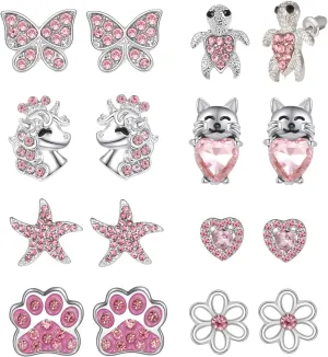 8 Pairs Clip on/Stud Earrings for Girls kids Hypoallergenic Cute Clip-on Earrings for Childrens Toddler Teen Unicorn Butterfly Turtle CZ Clip Stud Earrings Pink Jewelry Gift 3 Years Old 