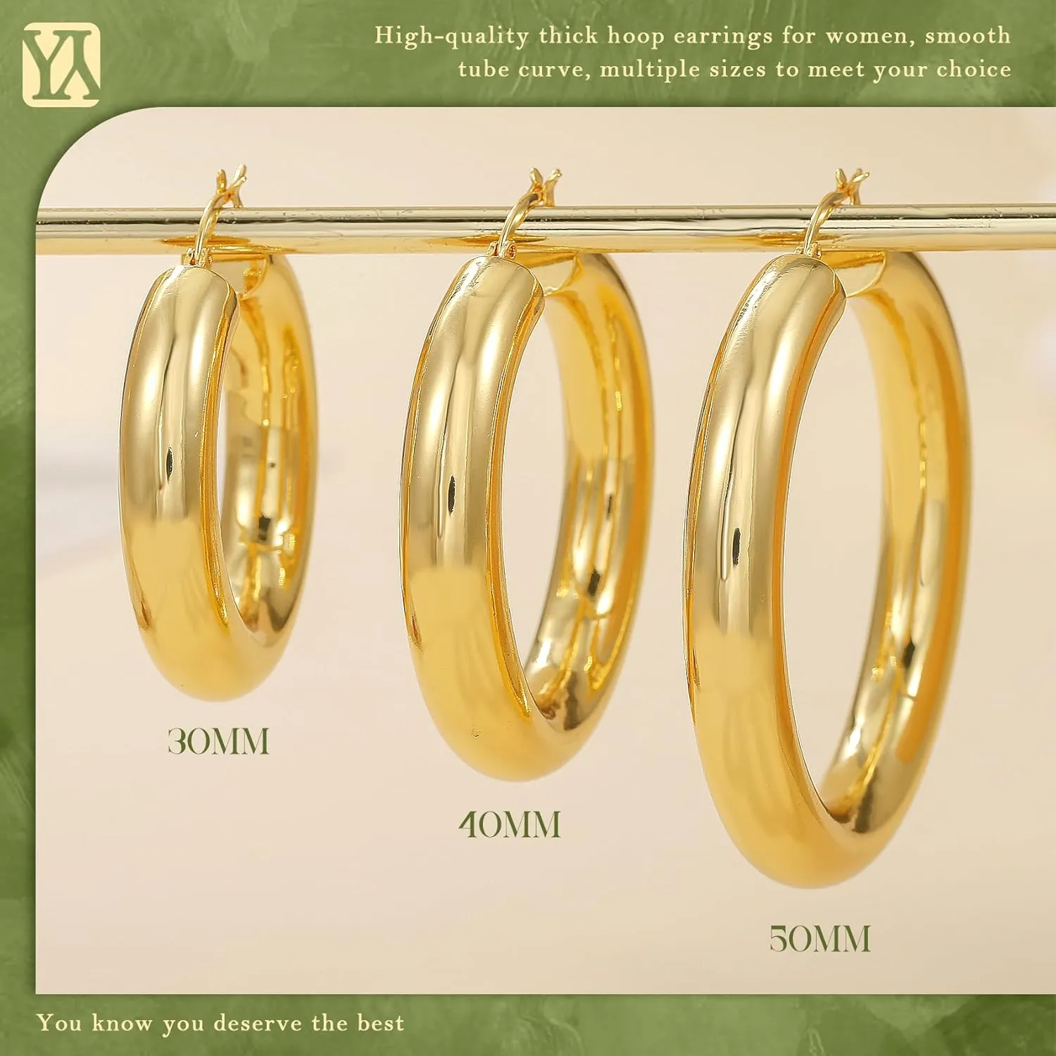 8mm Chunky Gold Hoop Earrings Hypoallergenic 925 Sterling Silver Hollow Tube Hoop Earring Lightweight 14K Real Gold Plated Thick Gold Hoops Earring for Women 30/40/50mm