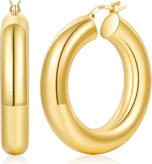 8mm Chunky Gold Hoop Earrings Hypoallergenic 925 Sterling Silver Hollow Tube Hoop Earring Lightweight 14K Real Gold Plated Thick Gold Hoops Earring for Women 30/40/50mm