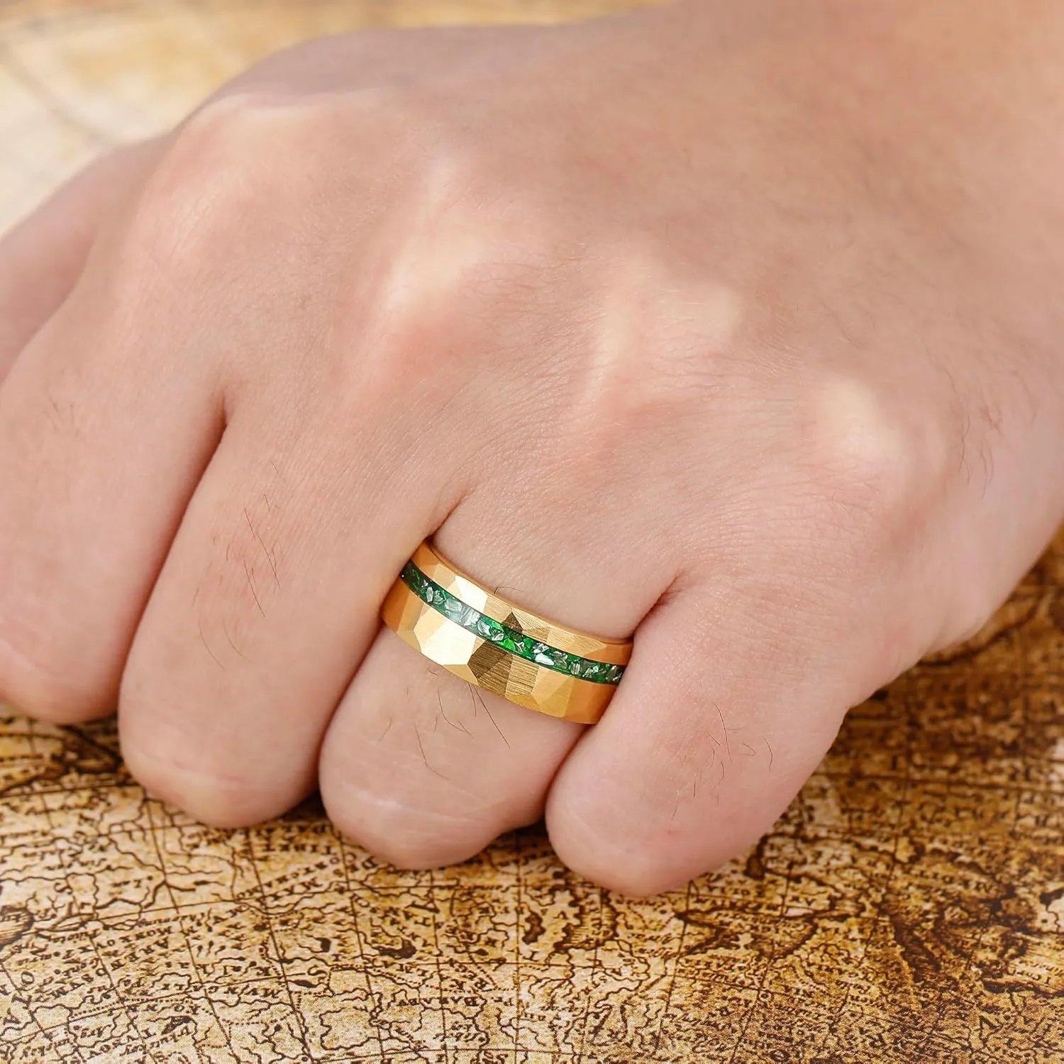8mm Hammered Tungsten Rings for Men 14K Yellow/White Gold Men's Tungsten Wedding Bands Emerald/Meteorite Chips Inlay Matte Brush Comfort Fit Size 7-14