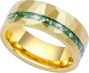 8mm Hammered Tungsten Rings for Men 14K Yellow/White Gold Men's Tungsten Wedding Bands Emerald/Meteorite Chips Inlay Matte Brush Comfort Fit Size 7-14