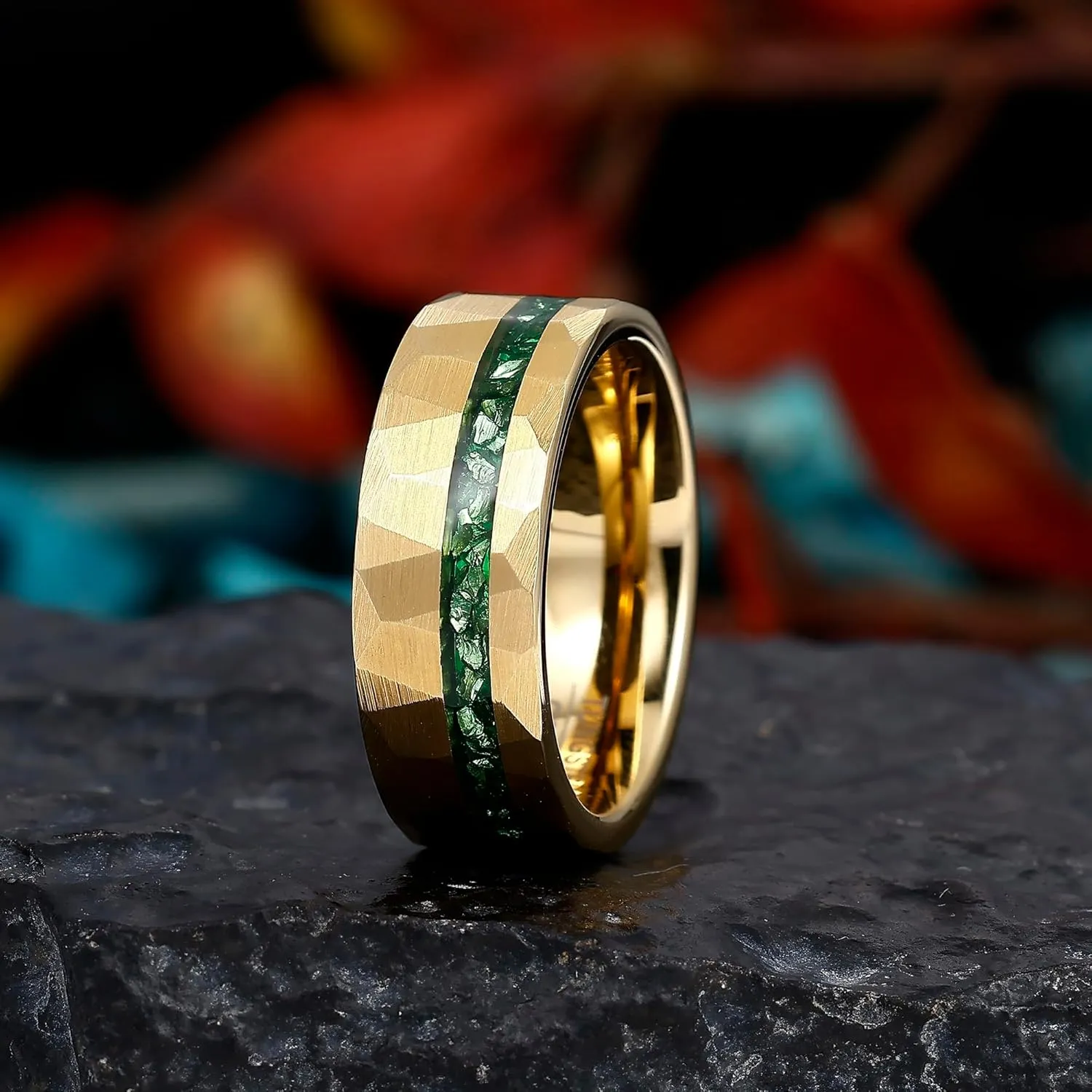 8mm Hammered Tungsten Rings for Men 14K Yellow/White Gold Men's Tungsten Wedding Bands Emerald/Meteorite Chips Inlay Matte Brush Comfort Fit Size 7-14