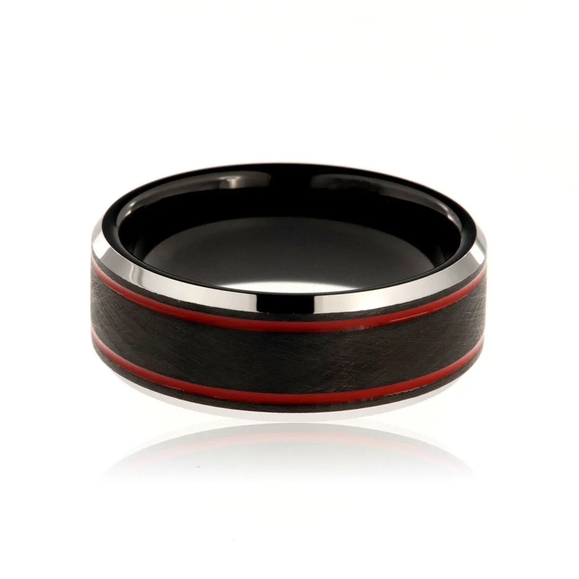 8mm Heavy Tungsten Carbide Men's Ring, Double Red Groove With Black Mixed Brush Finish Center Band - FREE Personalization