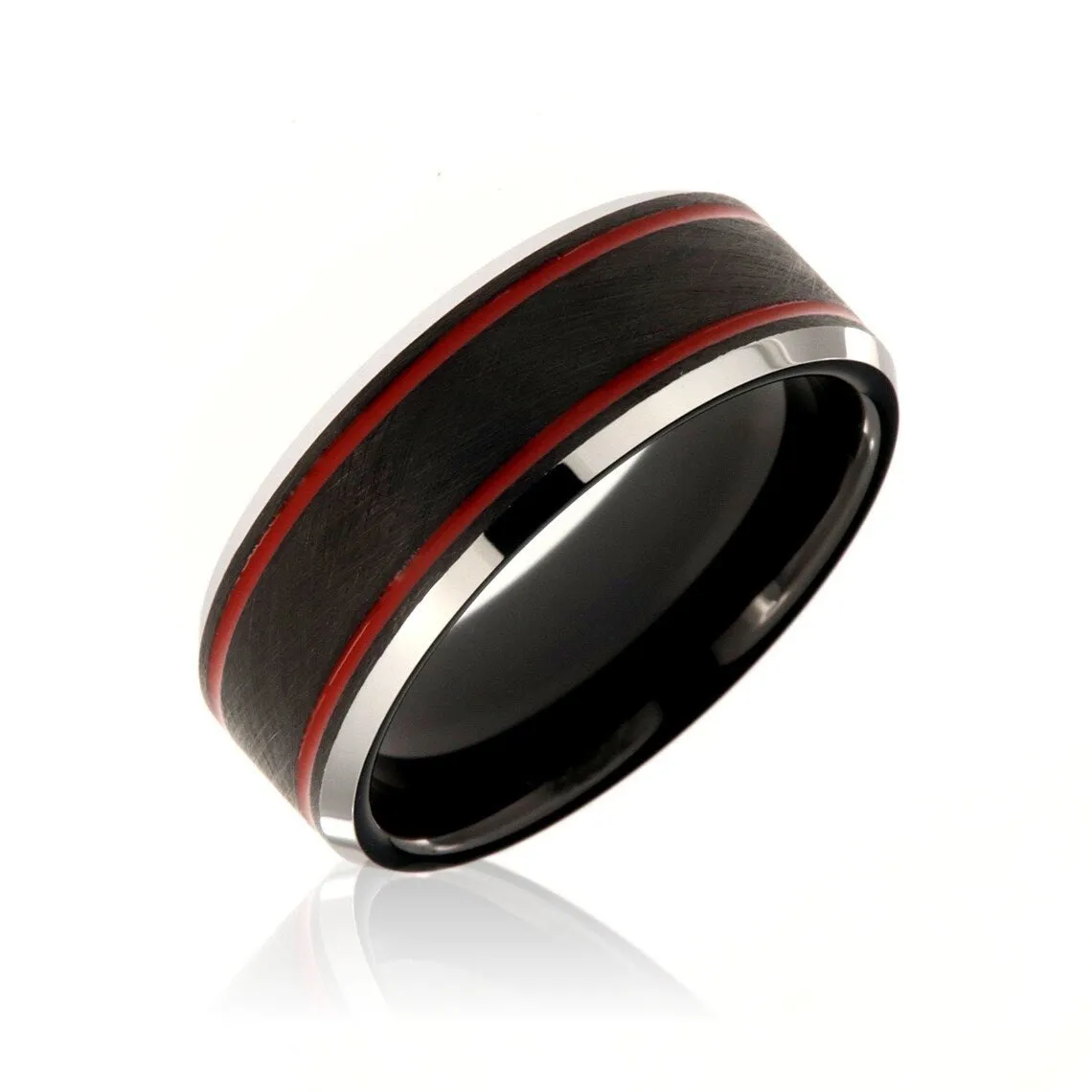8mm Heavy Tungsten Carbide Men's Ring, Double Red Groove With Black Mixed Brush Finish Center Band - FREE Personalization