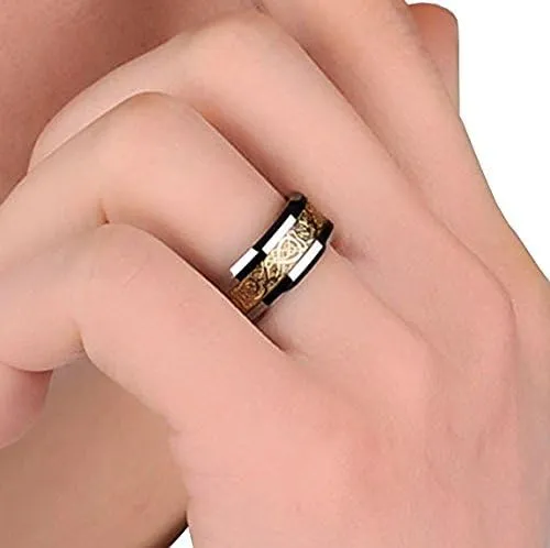 8mm Tungsten Carbide Ring Silvering Celtic Dragon Blue Carbon Fibre Inlay Wedding Band Size 6-13 (9, Gold)