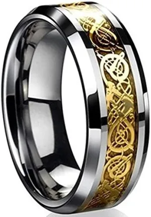 8mm Tungsten Carbide Ring Silvering Celtic Dragon Blue Carbon Fibre Inlay Wedding Band Size 6-13 (9, Gold)