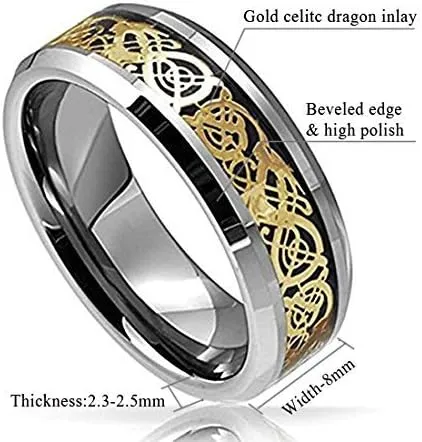 8mm Tungsten Carbide Ring Silvering Celtic Dragon Blue Carbon Fibre Inlay Wedding Band Size 6-13 (9, Gold)