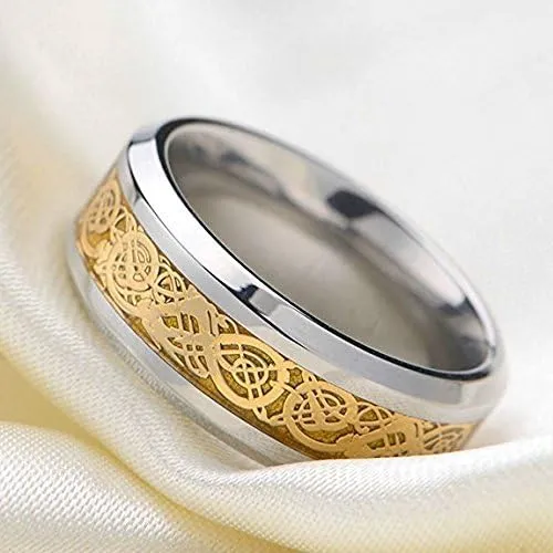 8mm Tungsten Carbide Ring Silvering Celtic Dragon Blue Carbon Fibre Inlay Wedding Band Size 6-13 (9, Gold)