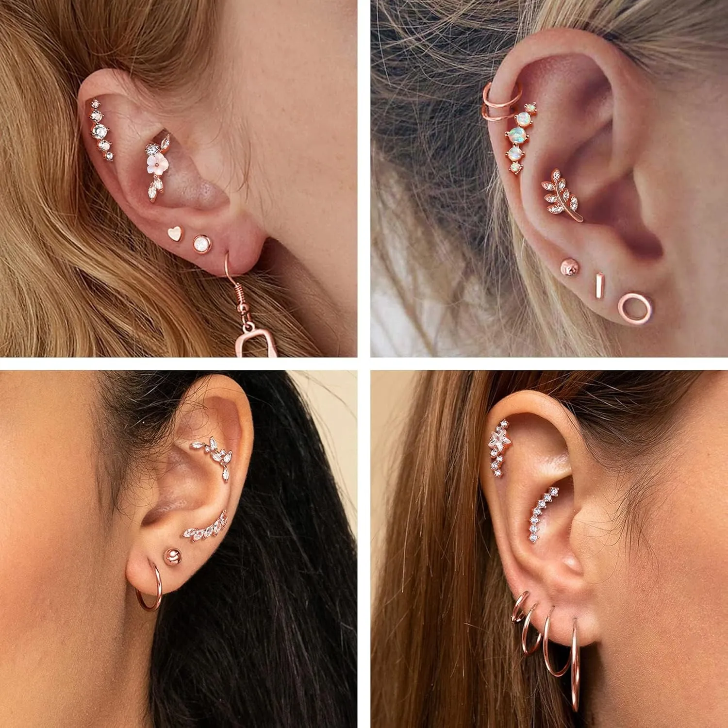 8Pcs 16G Cartilage Earring Set Stainless Steel Flower Opal CZ Stud Earrings Flat Back Cartilage Conch Helix Piercing Jewelry for Women