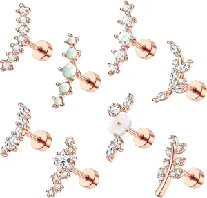 8Pcs 16G Cartilage Earring Set Stainless Steel Flower Opal CZ Stud Earrings Flat Back Cartilage Conch Helix Piercing Jewelry for Women