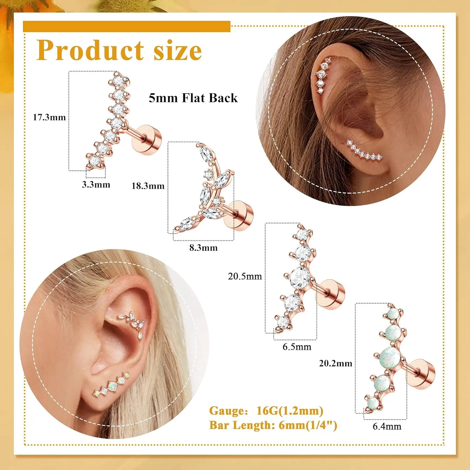 8Pcs 16G Cartilage Earring Set Stainless Steel Flower Opal CZ Stud Earrings Flat Back Cartilage Conch Helix Piercing Jewelry for Women
