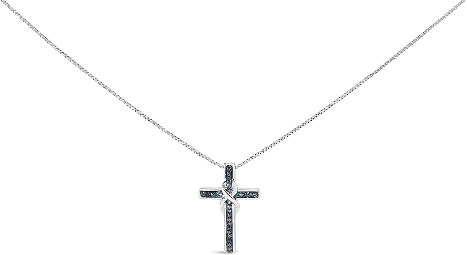 .925 Sterling Silver 1/10 Cttw Blue Diamond Inlaid Cross with Ribbon Pendant Necklace (Blue Color, I2-I3 Clarity) - 18"