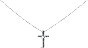 .925 Sterling Silver 1/10 Cttw Blue Diamond Inlaid Cross with Ribbon Pendant Necklace (Blue Color, I2-I3 Clarity) - 18"