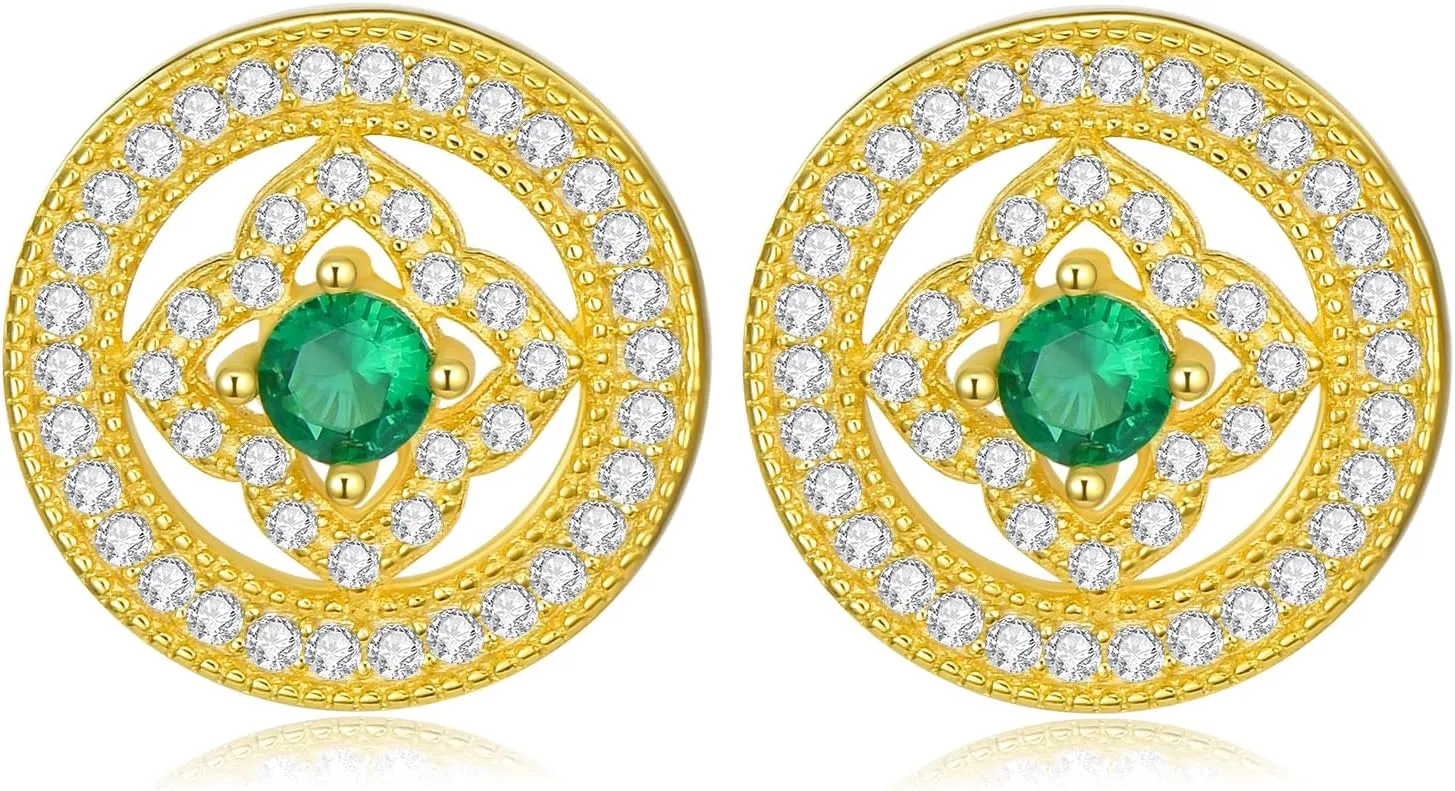 925 Sterling Silver 14K Gold Plated Stud Earrings - 11.5mm Gold Plated Round Stud Earrings Cubic Zirconia Screw Back Gold Plated Stud Earrings for Women