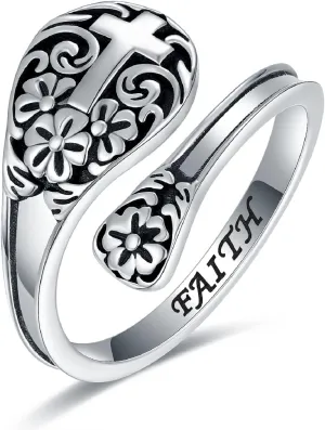 925 Sterling Silver Cross Spoon Ring - Oxidized Vintage Flower Faith Rings Adjustable Size Inspirational Jewelry