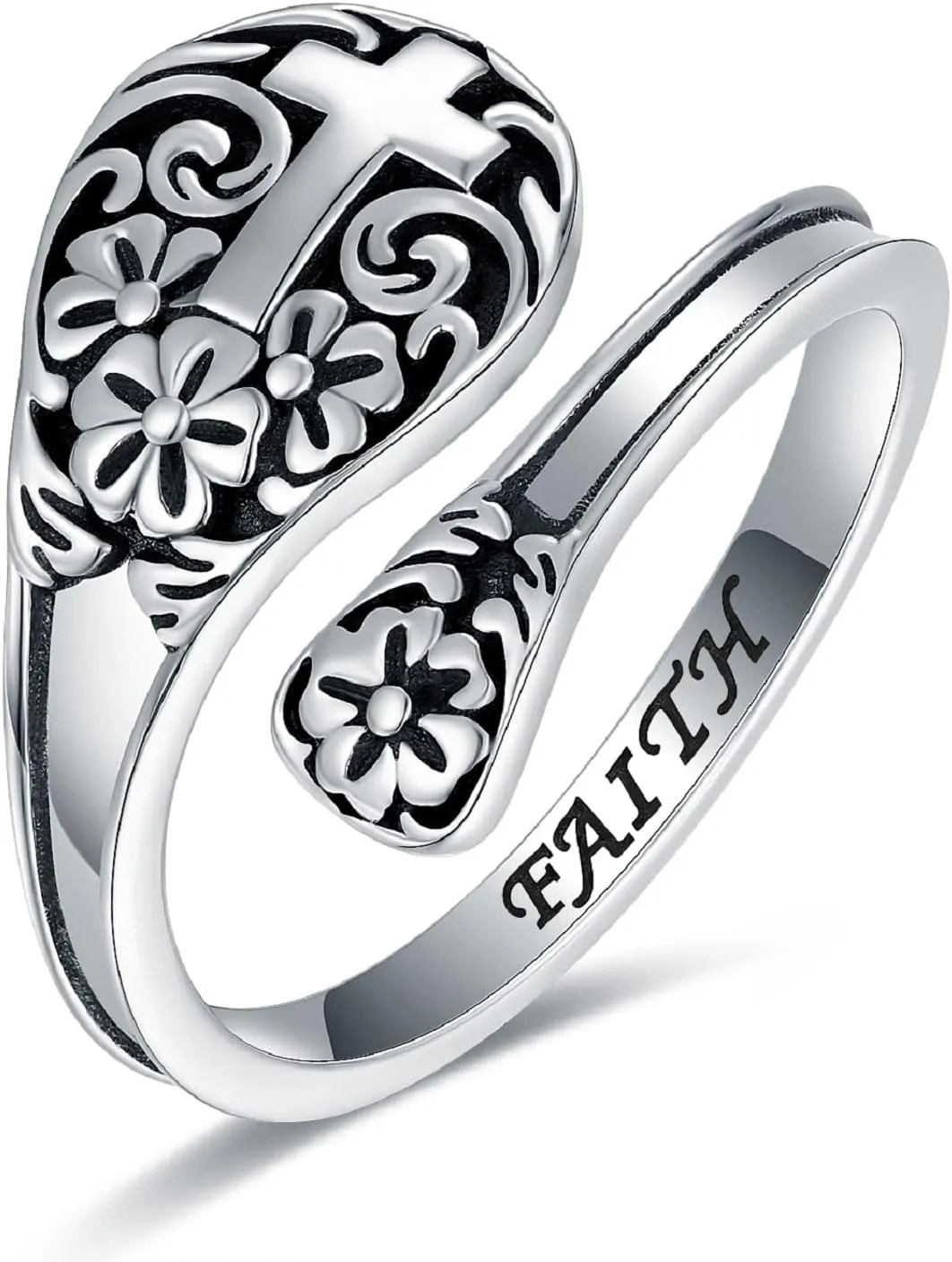 925 Sterling Silver Cross Spoon Ring - Oxidized Vintage Flower Faith Rings Adjustable Size Inspirational Jewelry