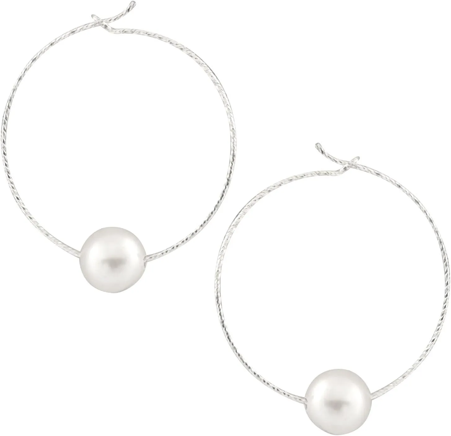 925 Sterling Silver Diamond Cut Hoop Earrings 8-8.5mm Round AA Quality Genuine Freshwater Cultured Sliding Pearls