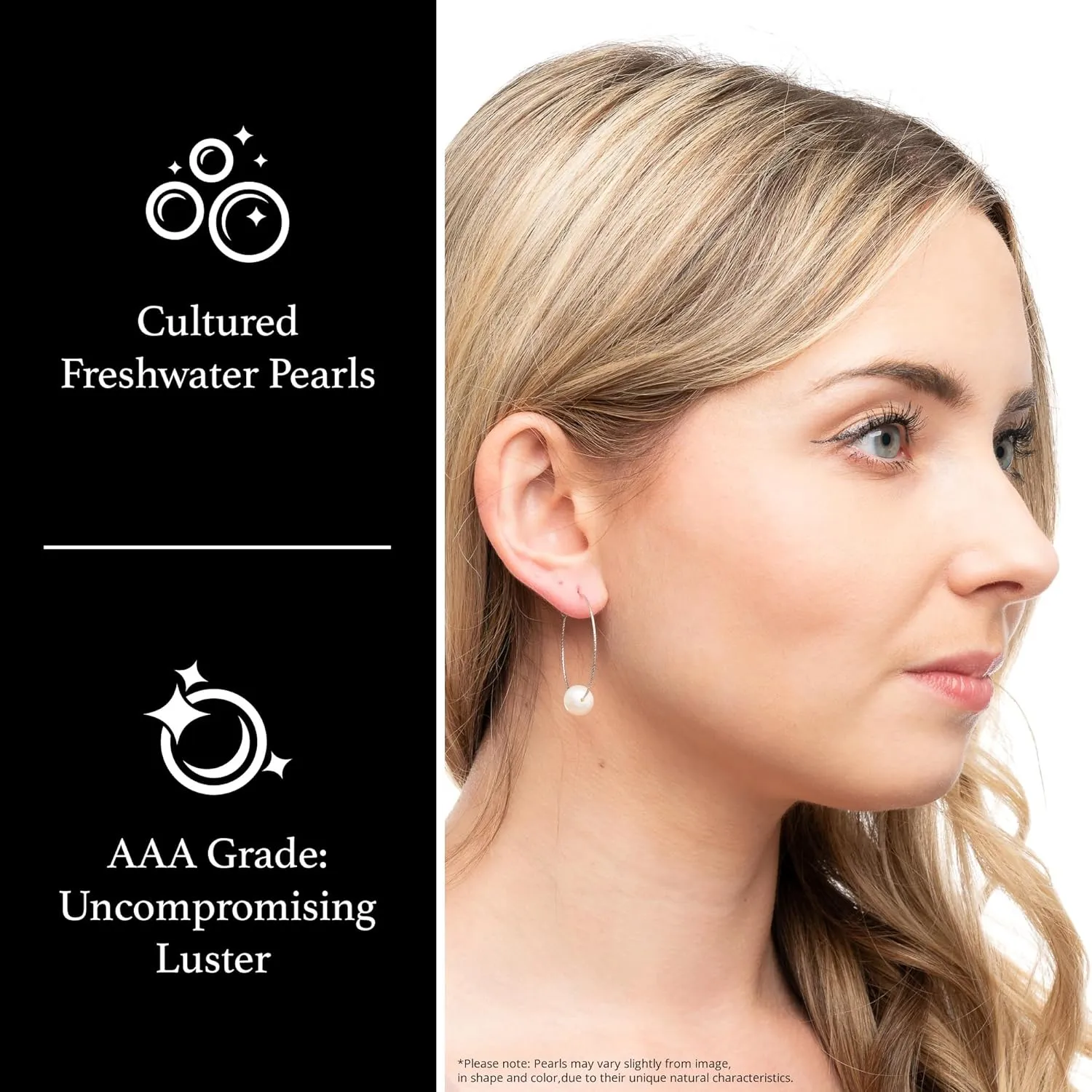 925 Sterling Silver Diamond Cut Hoop Earrings 8-8.5mm Round AA Quality Genuine Freshwater Cultured Sliding Pearls