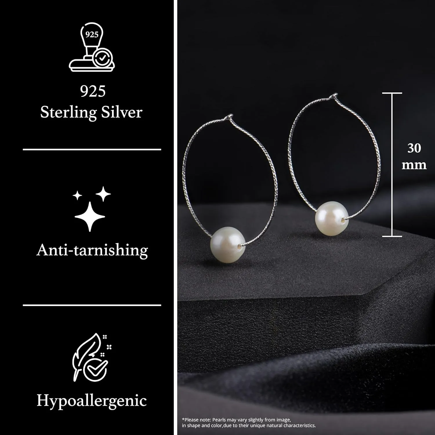 925 Sterling Silver Diamond Cut Hoop Earrings 8-8.5mm Round AA Quality Genuine Freshwater Cultured Sliding Pearls