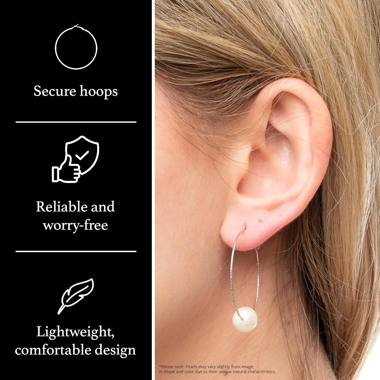 925 Sterling Silver Diamond Cut Hoop Earrings 8-8.5mm Round AA Quality Genuine Freshwater Cultured Sliding Pearls